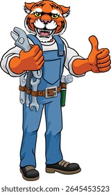 Um encanador de mascote de animais de desenhos animados de tigre, mecânico ou construtor de handyman empreiteiro de manutenção de construção segurando uma chave de segurança ou chave inglesa e dando um polegar para cima
