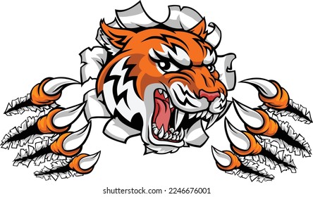 A tiger cartoon animal mascot tearing or ripping through the background