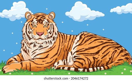 tiger cartoon with beautiful background