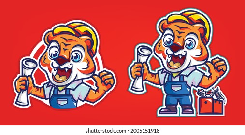 Tiger Cartoon Character Construction Worker