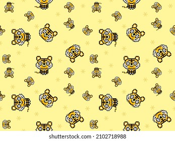 Tiger Cartoon-Zeichen nahtlos Muster auf gelbem Hintergrund.Pixel-Stil