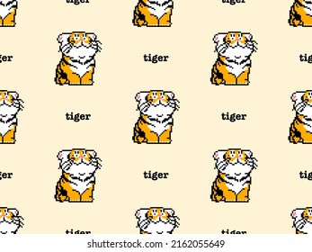 Tiger cartoon character seamless pattern on yellow background. Pixel style	