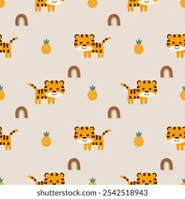 Tiger cartoon so cute. On pineapple rainbow background. Pattern seamless vector illustration. 