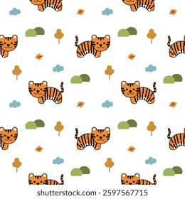 Tiger cartoon so cute. On tree cloud mountain leaf white background. Pattern seamless vector illustration. 