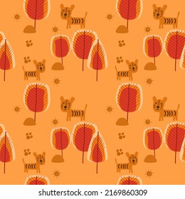 Tiger cartoon so cute in wild autumn so happy.on tree sun and orange background.pattern seamless and vector illustration.