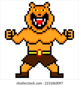 Tiger cartoon Fighter warrior with pixel art. Vector illustration.