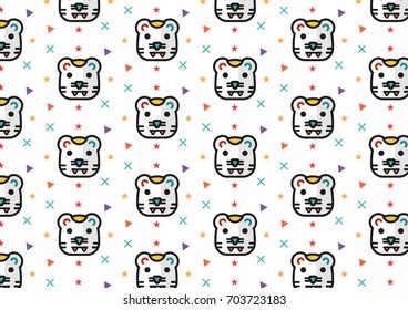 tiger cartoon flat design background, face front tiger pattern with square triangle circle line pattern pop art color, in illustration and animal logo vector design