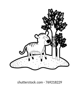 tiger cartoon in forest next to the trees in black silhouette with thick contour