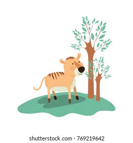tiger cartoon in forest next to the trees in colorful silhouette