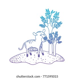 tiger cartoon in forest next to the trees in degraded blue to purple color silhouette