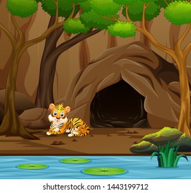 Tiger cartoon in front of the cave