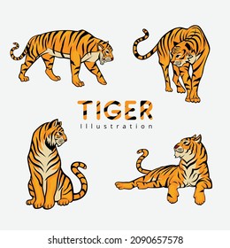 Tiger Cartoon Gesture Illustration Vector Set