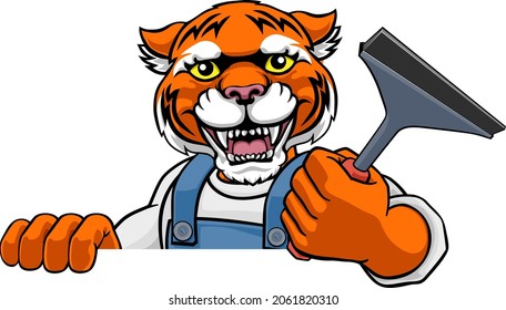 A tiger cartoon mascot car or window cleaner holding a squeegee tool peeking round a sign