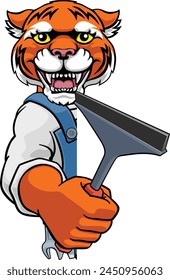 A tiger cartoon mascot car or window cleaner holding a squeegee tool peeking round a sign