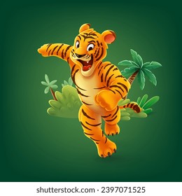 tiger cartoon mascot character runs in the jungle