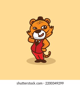 Tiger Cartoon Mascot Funny Vector Smile Happiness Fun Cute Farm Illustration Cute Happy Orange Red Suit