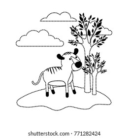 tiger cartoon in outdoor scene with trees and clouds in black dotted silhouette