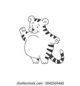 Tiger cartoon outline black white cute character. Vector isolated illustration.