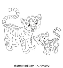 Tiger cartoon. Outlined illustration with thin line black stroke