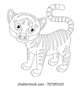 Tiger cartoon. Outlined illustration with thin line black stroke