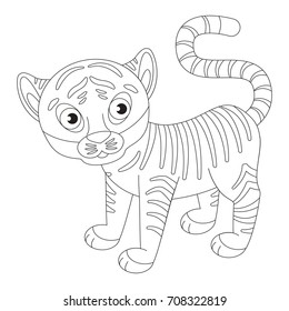 Tiger cartoon. Outlined illustration with thin line black stroke