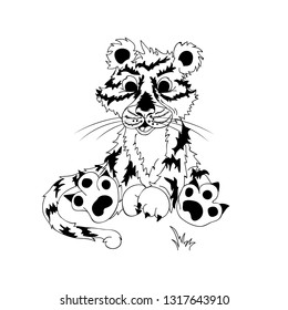 Tiger in cartoon style isolated on white background. Black and white children picture.  Positive wild animal drawn in freehand drawing. 
The picture can be used for cards, wallpapers, prints, books