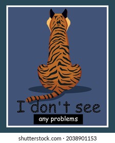 Tiger in cartoon style on blue background.  Stock Vector illustration isolated. Poster design. Funny banner for cover. Striped animal. Zoo. African jeopardy. Predatory. Rage. I dont see any problems.