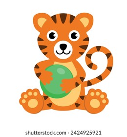 Tiger cartoon. Tiger, vector illustration, clip art. Baby safari animal. Sitting tiger playing with ball.