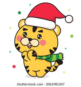 Tiger cartoon vector wear cute Santa hat. Happy Chinese new year greeting card 2022. Kawaii Animal character girly doodle. Illustration: Isolated on white background. Perfect make a wish for x mas.