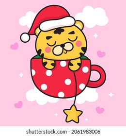 Tiger cartoon vector wear cute Santa hat sleep in Christmas cup. Happy Chinese new year greeting card 2022. Kawaii Animal character girly doodle. Illustration: Isolated on white background. Perfect.