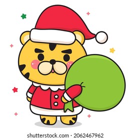 Tiger cartoon vector wear cute Santa hat with Christmas gift. Happy Chinese new year greeting card 2022. Kawaii Animal character girly doodle. Illustration: Isolated on white background.Perfect dream.