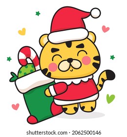 Tiger cartoon vector wear cute Santa hat with Christmas sock. Happy Chinese new year greeting card 2022. Kawaii Animal character girly doodle. Illustration: Isolated on white background. Perfect.