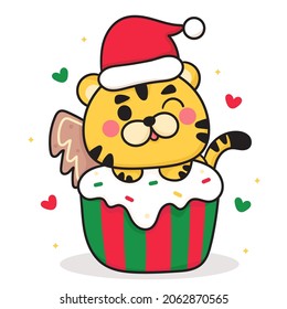 Tiger cartoon vector wear cute Santa hat with Christmas cake. Happy Chinese new year greeting card 2022. Kawaii Animal character girly doodle. Illustration: Isolated on white background. Perfect.