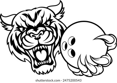 A tiger cat animal sports mascot holding bowling ball 