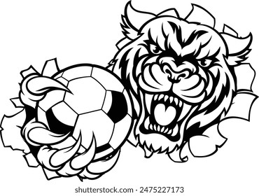 A tiger cat animal sports mascot holding soccer football ball breaking through the background with its claws