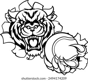 A tiger cat animal sports mascot holding tennis ball breaking through the background with its claws