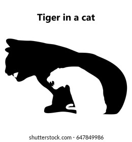 The tiger in a cat. Black silhouette of a cat and carved silhouette of the tiger. Vector.