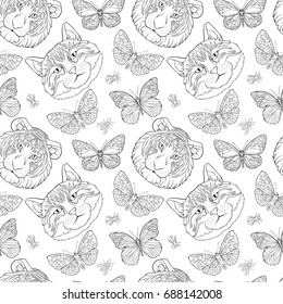 Tiger, cat, butterfly and bees. Seamless pattern, background.