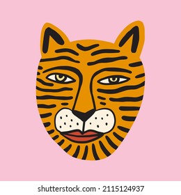 Tiger cat face groovy cute comic character boho doodle modern art print funny handdrawn childish cartoon funky trendy style vector illustration clipart