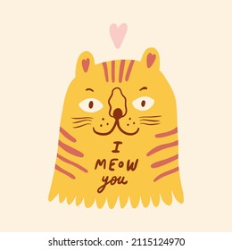 Tiger cat face groovy cute comic character boho doodle modern art print funny handdrawn childish cartoon funky trendy style vector illustration clipart