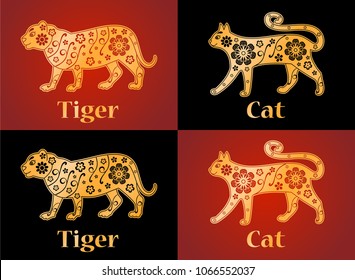 Tiger, cat, symbols of the Chinese horoscope 2022, 2023 years. Floral gold ornament