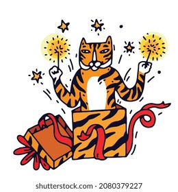 Tiger celebrate new year 2022. Cute hand drawn doodle tiger character in a gift box with sparklers fireworks in his paws. Vector color illustration isolated on white background