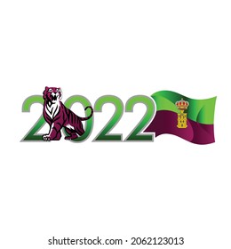 Der Tiger feiert das neue Jahr 2022 mit einer wehenden Flagge von Spanisch Kastilien-La Mancha. Der Magenta Tiger kommt aus der Nummer Null. Vektorvorlage für Grußkarten.