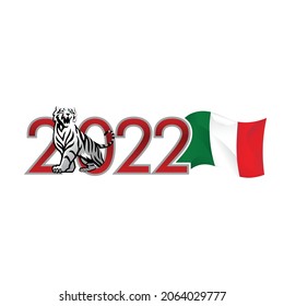 The Tiger celebrates the New Year 2022 with a waving flag of Italy. The White Tiger comes out of the number Zero. Vector template for greeting card.