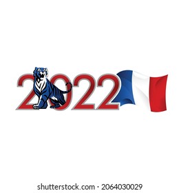 The Tiger celebrates the New Year 2022 with a waving flag of France. The Blue Tiger comes out of the number Zero. Vector template for greeting card.