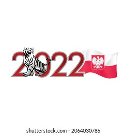 The Tiger celebrates the New Year 2022 with a waving flag of Poland 2.0. The White Tiger comes out of the number Zero. Vector template for greeting card.