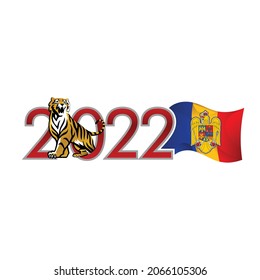 The Tiger celebrates the New Year 2022 with a waving flag of Romania. The Golden Tiger comes out of the number Zero. Vector template for greeting card.