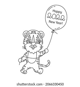 Tiger character with balloon line sketch. Cartoon Chinese New year 2022 horoscope. Animal symbol outline vector illustration