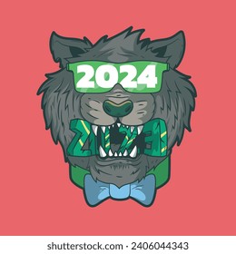 Tiger-Charakter bitting 2023 mit 2024 Brillen Vektorgrafik. Feiern, Animal Design Konzept.