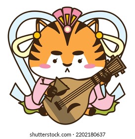 It is a tiger character dressed as Benzaiten of the Seven Lucky Gods that can be used as a material for New Year's cards.